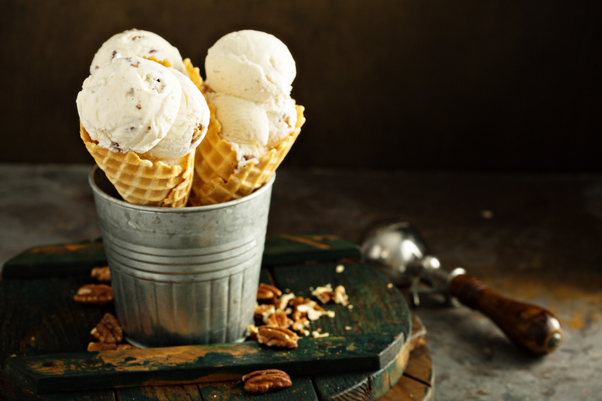 Butter pecan ice cream in waffle cones